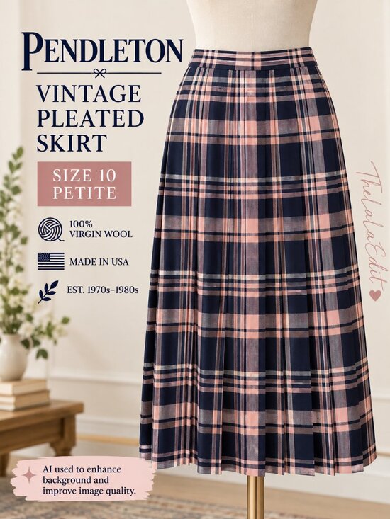 Pendleton Dresses & Skirts - Vintage Pendleton Petite 10 Wool Pleated Midi Skirt Navy Pink Plaid